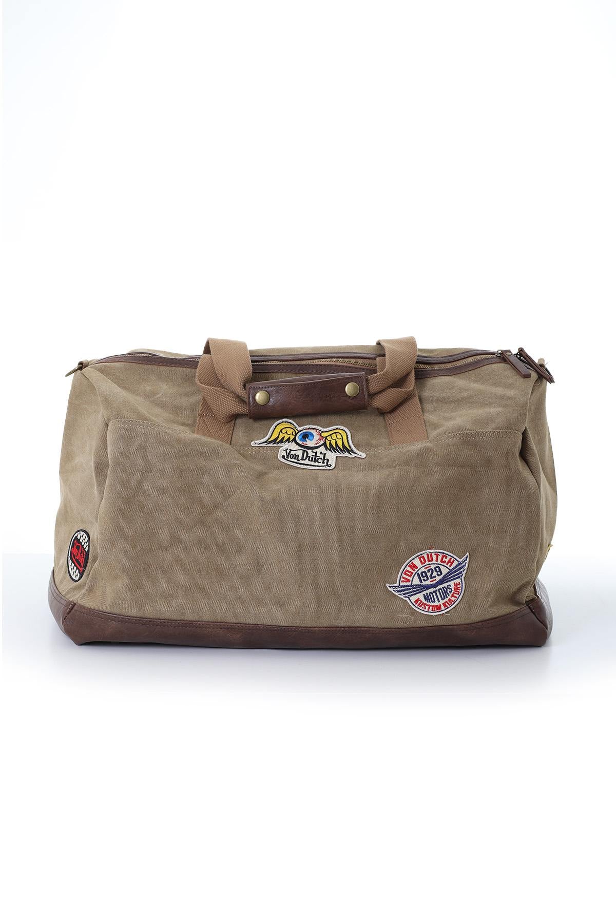Textile travel bag with taupe and brown patches - Image n°3