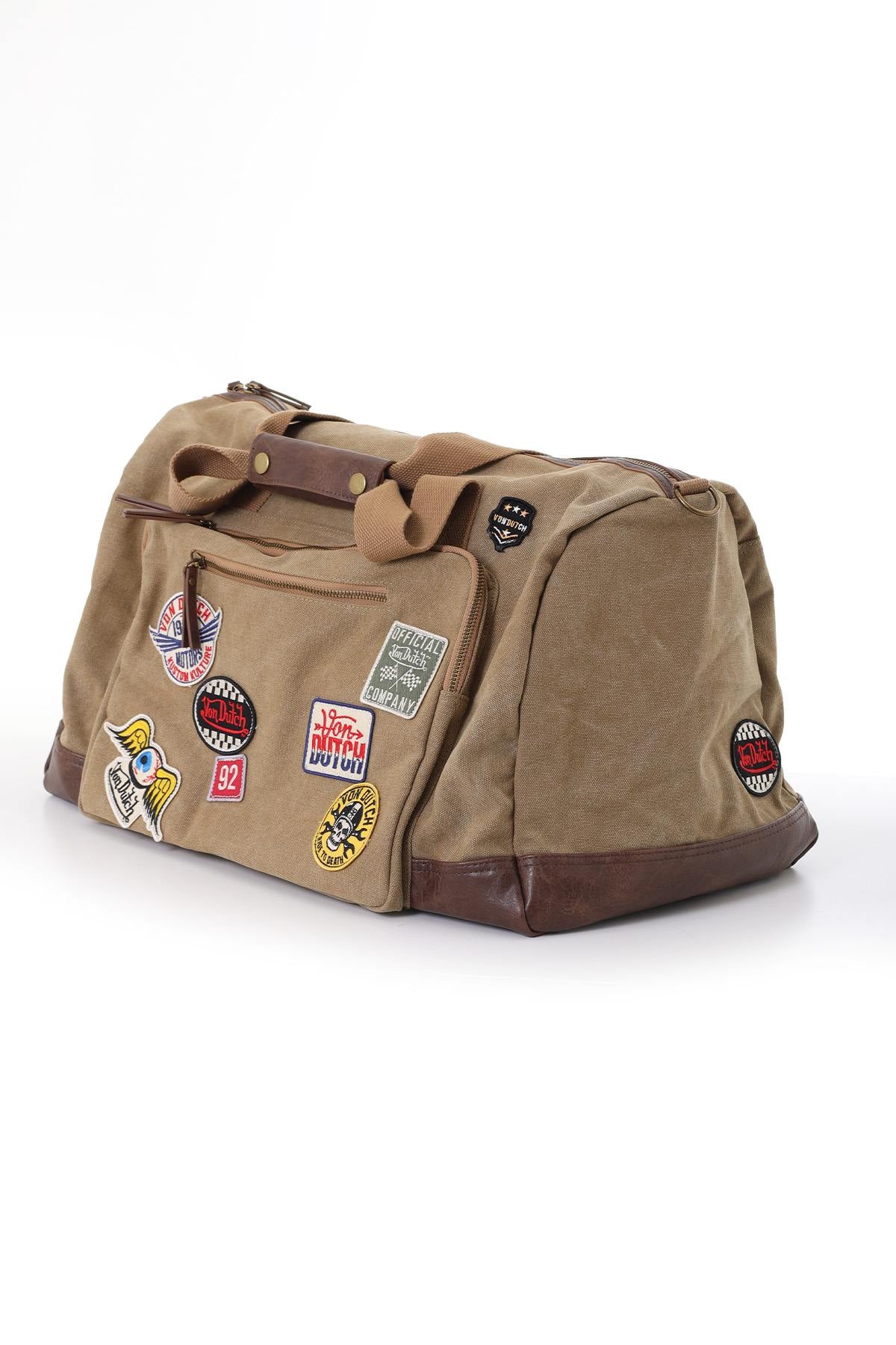 Textile travel bag with taupe and brown patches - Image n°2