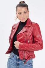 Contoured lambskin jacket: notched collar, silver snaps, biker edge. - Image n°6