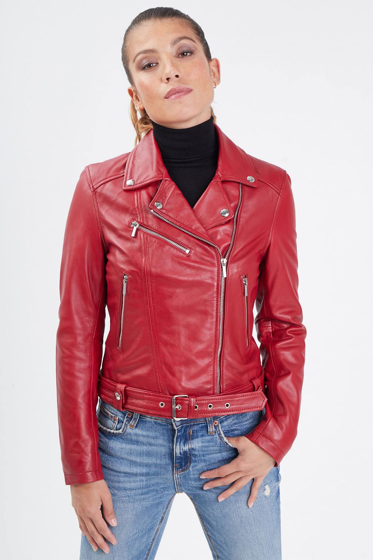 Contoured lambskin jacket: notched collar, silver snaps, biker edge. - Image n°8