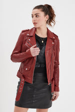 Vegetable-tanned lambskin biker in red chili, washed for a soft touch. - Image n°1