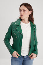 Holly green lambskin biker jacket, slimfit with metallic details. - Image n°6