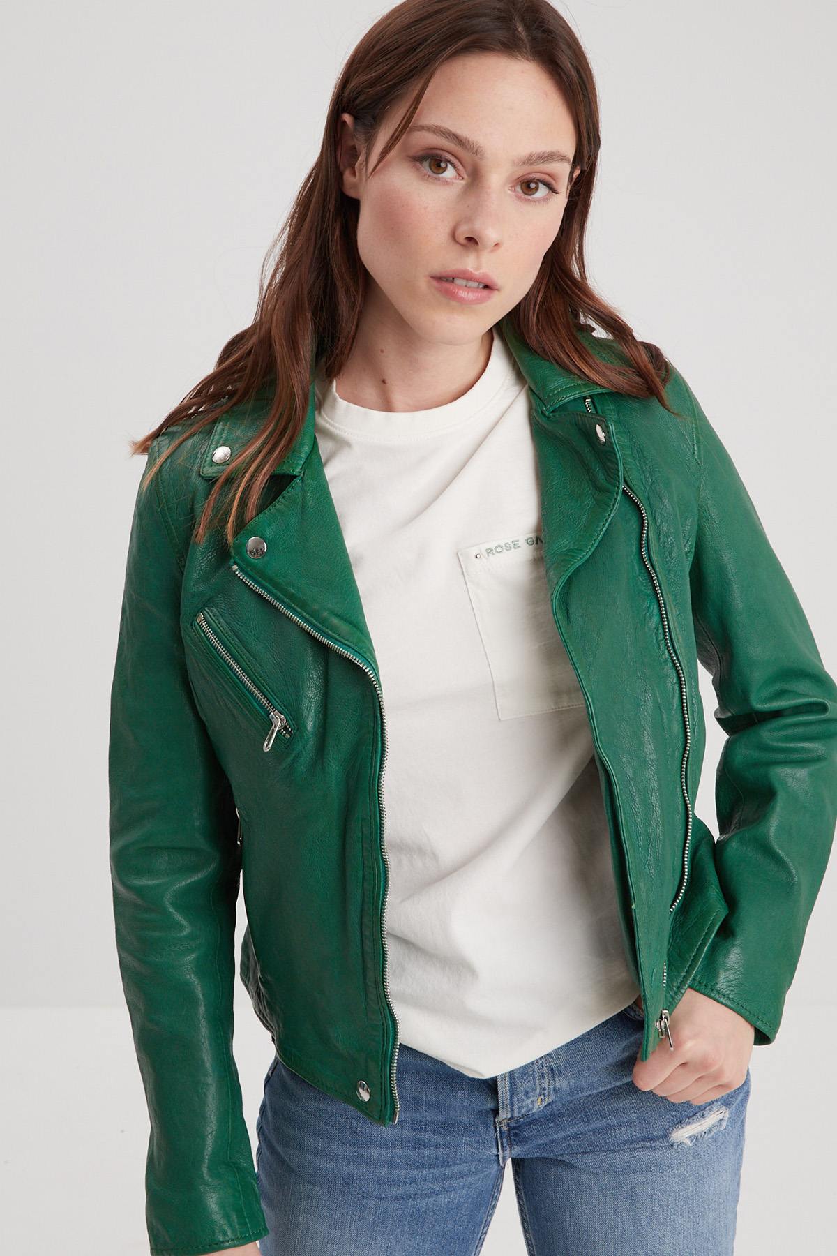 Holly green lambskin biker jacket, slimfit with metallic details. - Image n°1