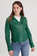 Holly green lambskin biker jacket, slimfit with metallic details. - Image n°2