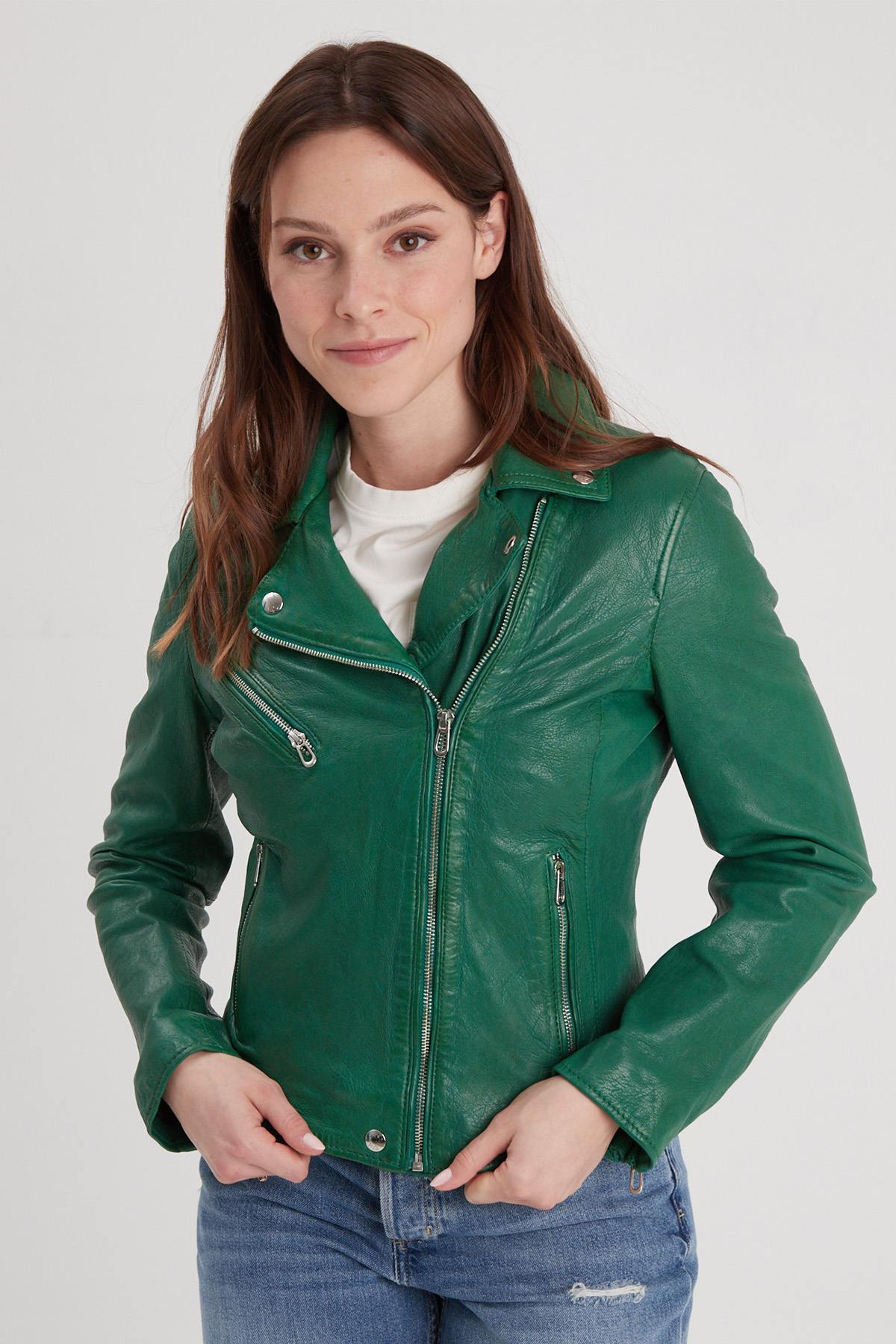 Holly green lambskin biker jacket, slimfit with metallic details. - Image n°7