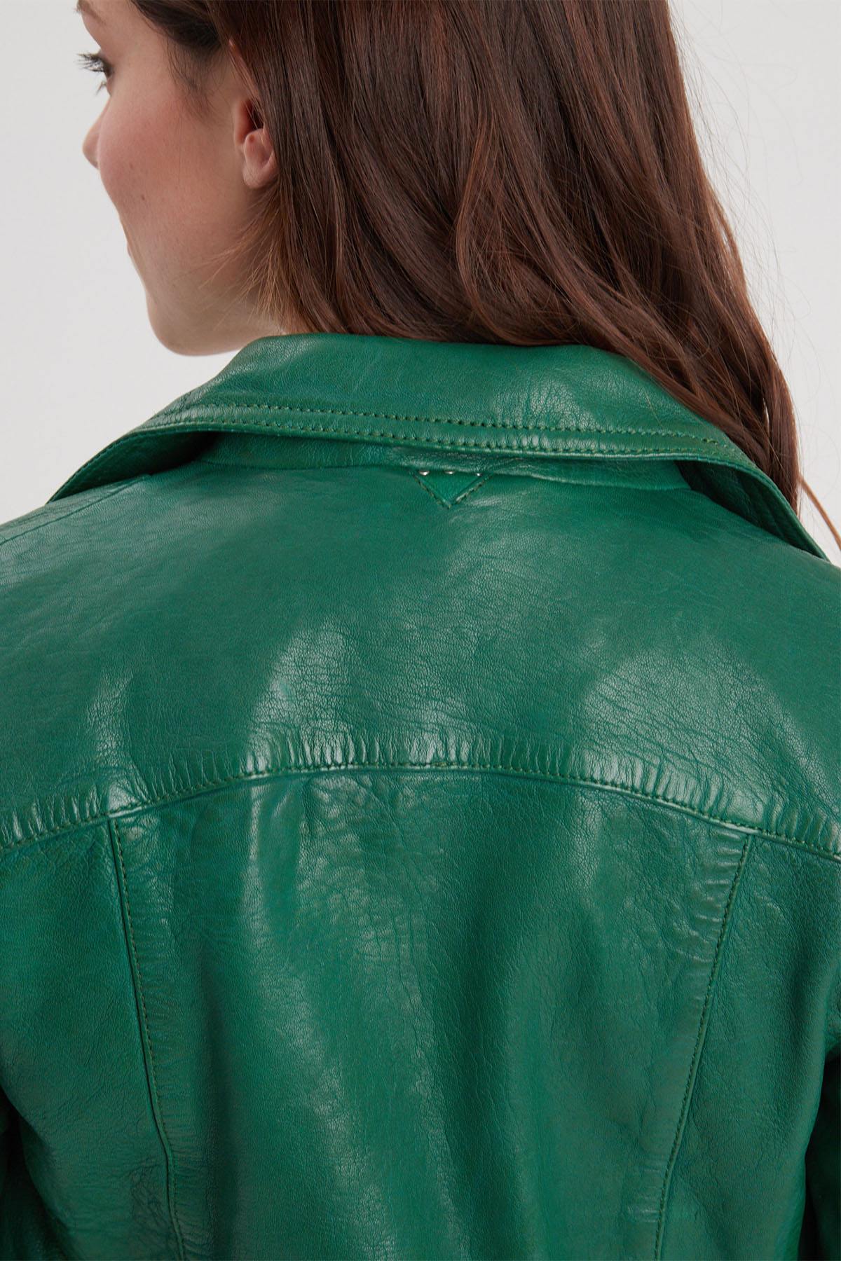 Holly green lambskin biker jacket, slimfit with metallic details. - Image n°8
