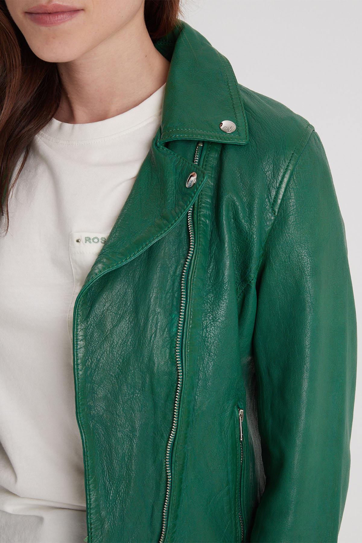 Holly green lambskin biker jacket, slimfit with metallic details. - Image n°5