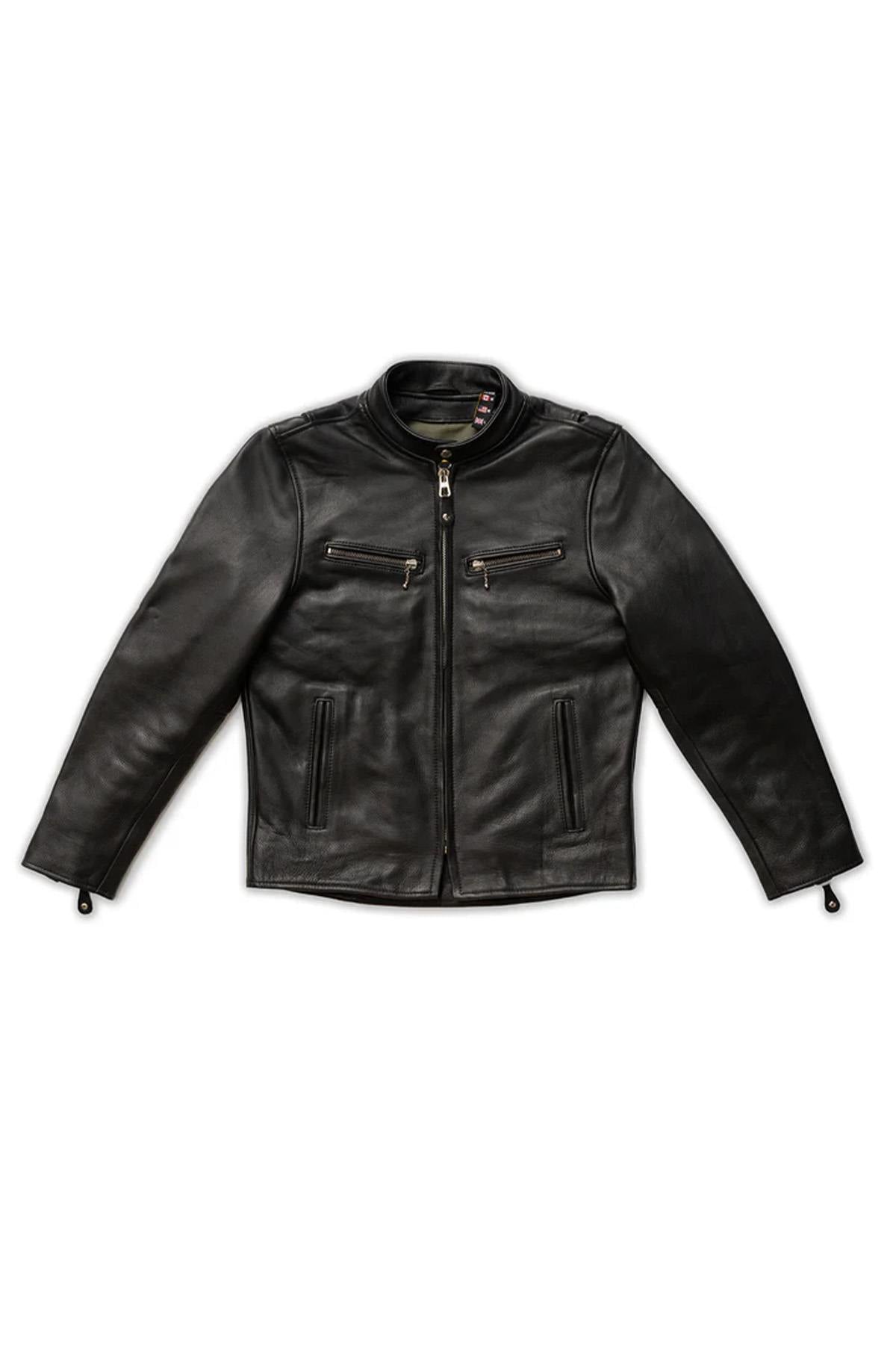 Thick black leather jacket with biker collar - Image n°11