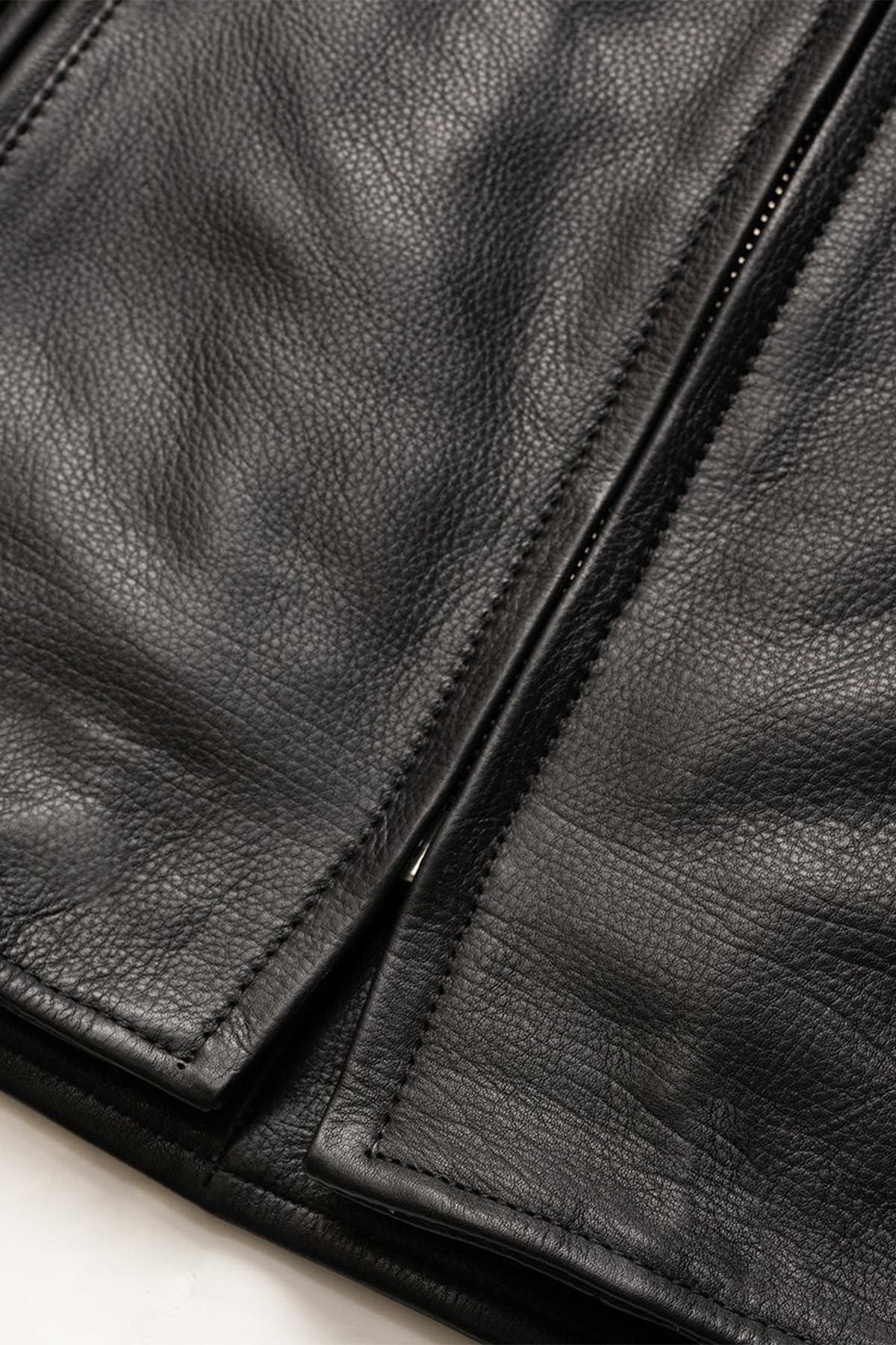 Thick black leather jacket with biker collar - Image n°7