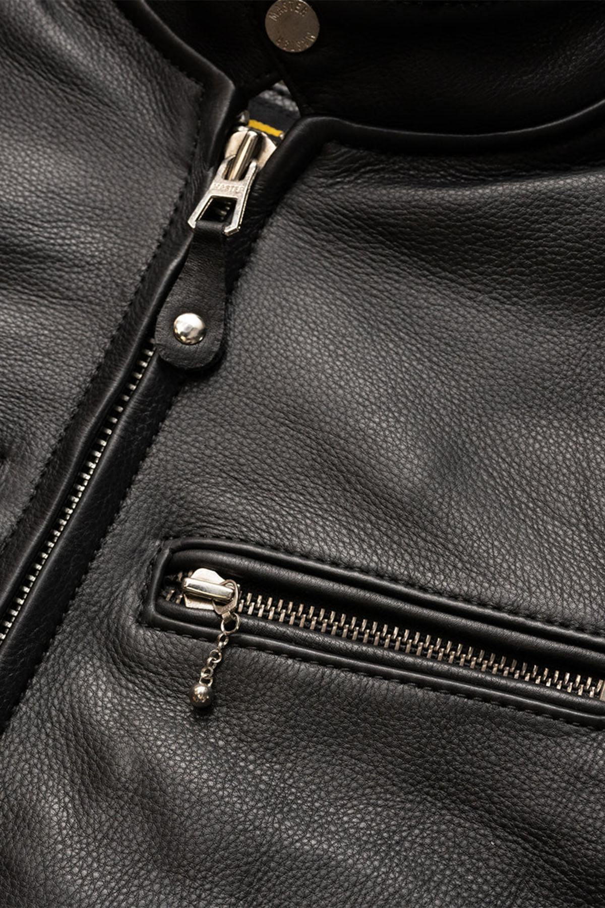 Thick black leather jacket with biker collar - Image n°5