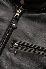 Thick black leather jacket with biker collar - Image n°5