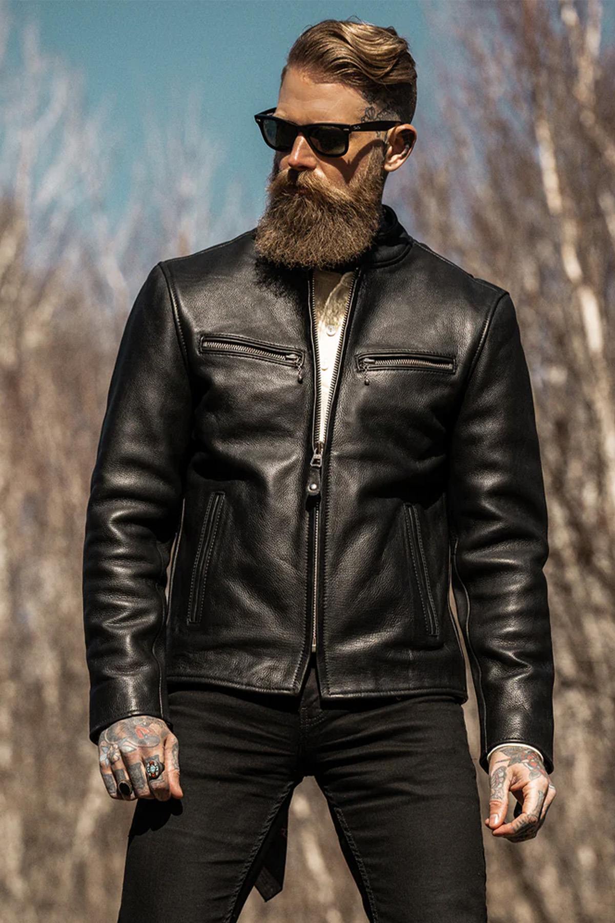 Thick black leather jacket with biker collar - Image n°9