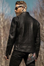 Thick black leather jacket with biker collar - Image n°10
