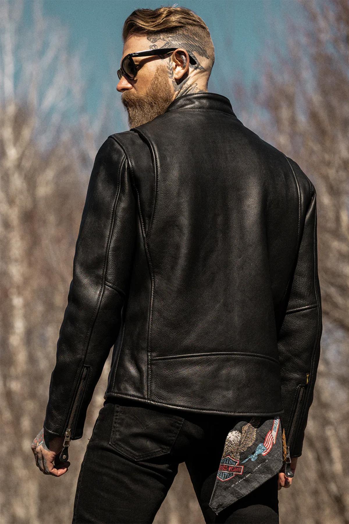 Thick black leather jacket with biker collar - Image n°10