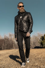 Thick black leather jacket with biker collar - Image n°2