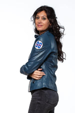 1950s racing-inspired royal blue sheepskin jacket, sleek and feminine. - Image n°5