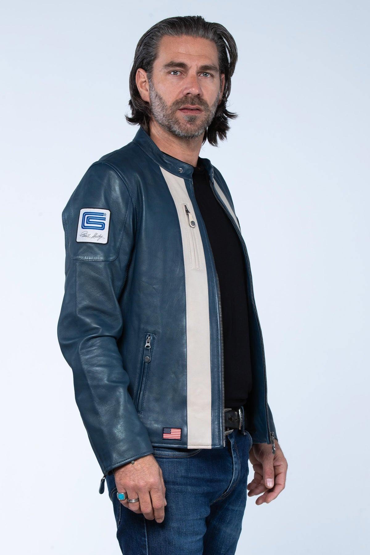 Royal blue sheepskin jacket, lightweight and racing-inspired. - Image n°5