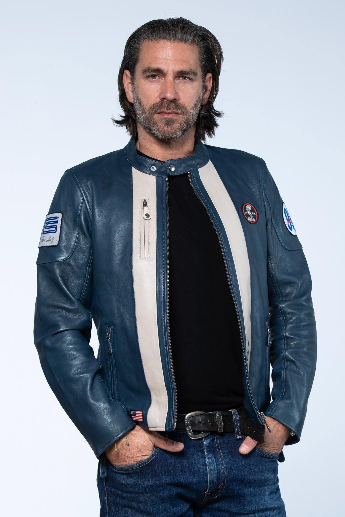 Royal blue sheepskin jacket, lightweight and racing-inspired. - Image n°7