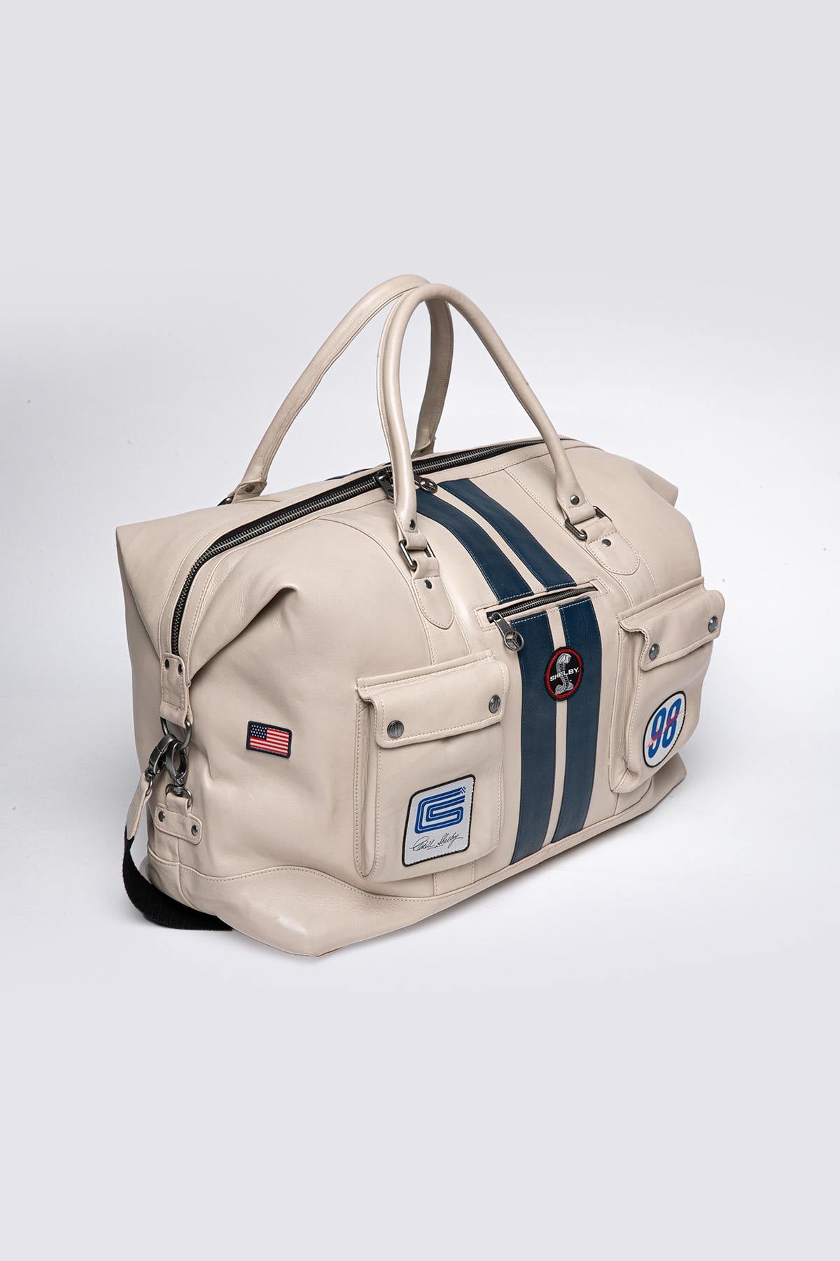 Large ecru racing style leather travel bag - Image n°4