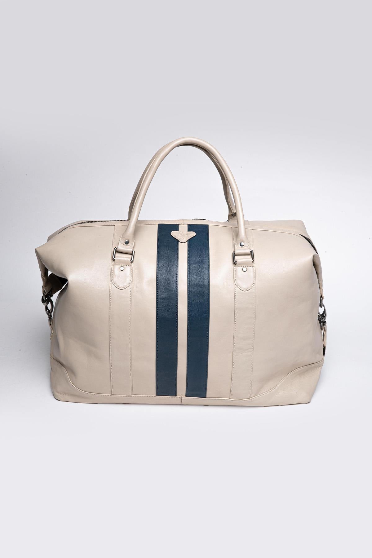Large ecru racing style leather travel bag - Image n°3