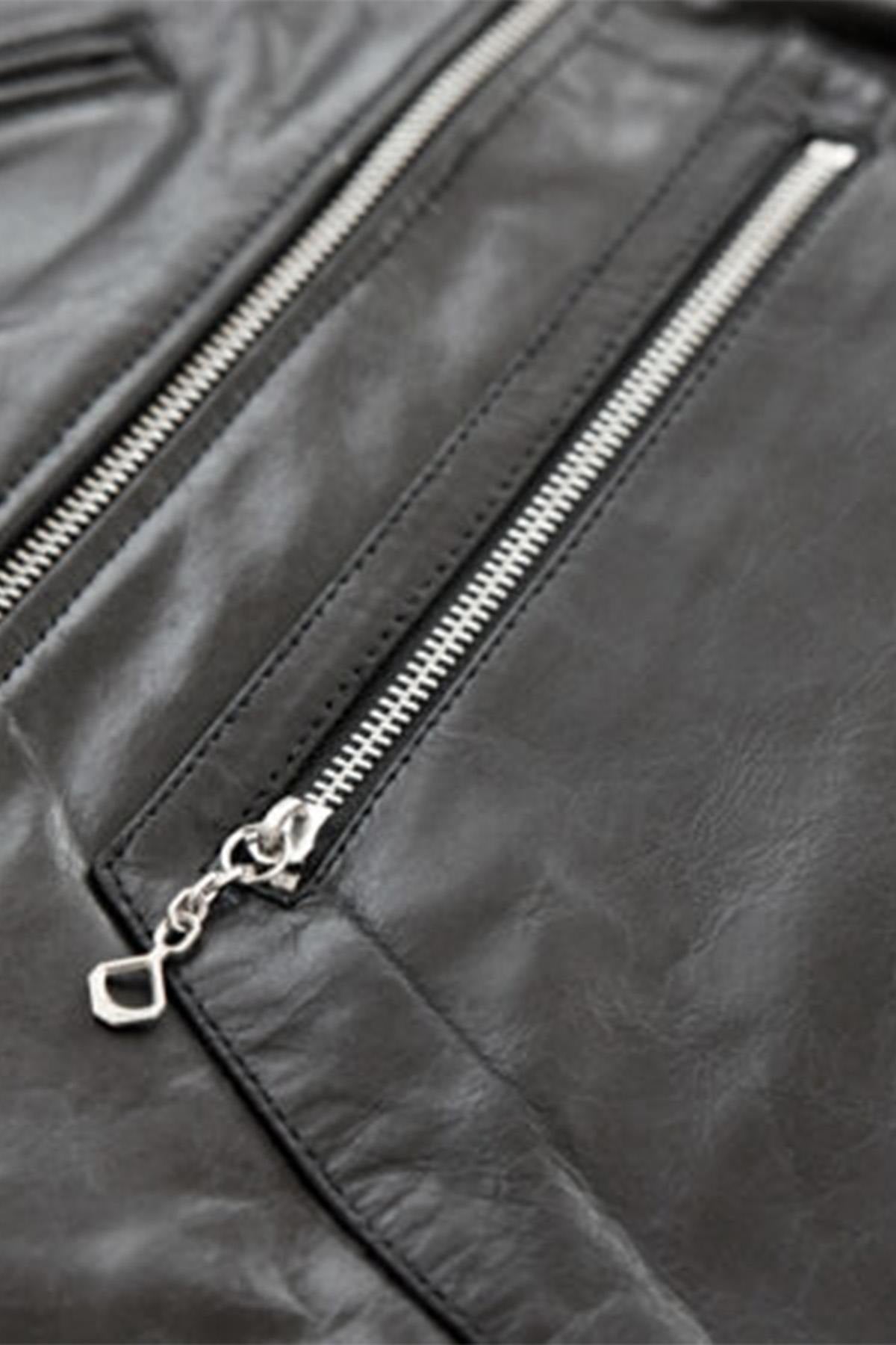 Leather jacket with asymmetrical collar and D-Pocket - Image n°4
