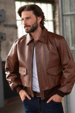 Authentic style brown leather bomber jacket - Image n°1