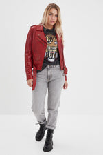 Chili red biker style leather jacket - Image n°2