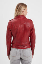 Slim red sheep leather jacket with zip fastening and bold rock style. - Image n°3