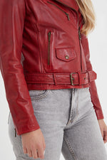 Slim red sheep leather jacket with zip fastening and bold rock style. - Image n°6