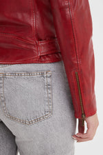 Slim red sheep leather jacket with zip fastening and bold rock style. - Image n°8