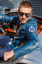 Royal blue sheepskin jacket, lightweight and racing-inspired. - Image n°9