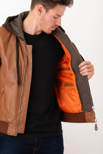 Cognac lambskin bomber: slim fit, removable hood, timeless style. - Image n°6
