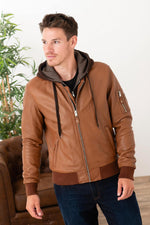 Cognac leather jacket with facing and hood - Image n°1