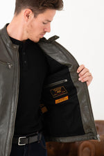 Men’s khaki vegetable leather jacket with biker collar - Image n°7