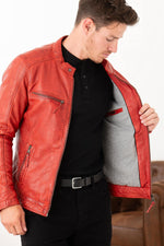 Red sheepskin jacket, skinny cut, motard edge-perfect year-round wear. - Image n°8