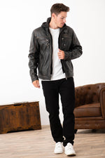 Black sheepskin jacket with a rub-off finish and removable hood. - Image n°9