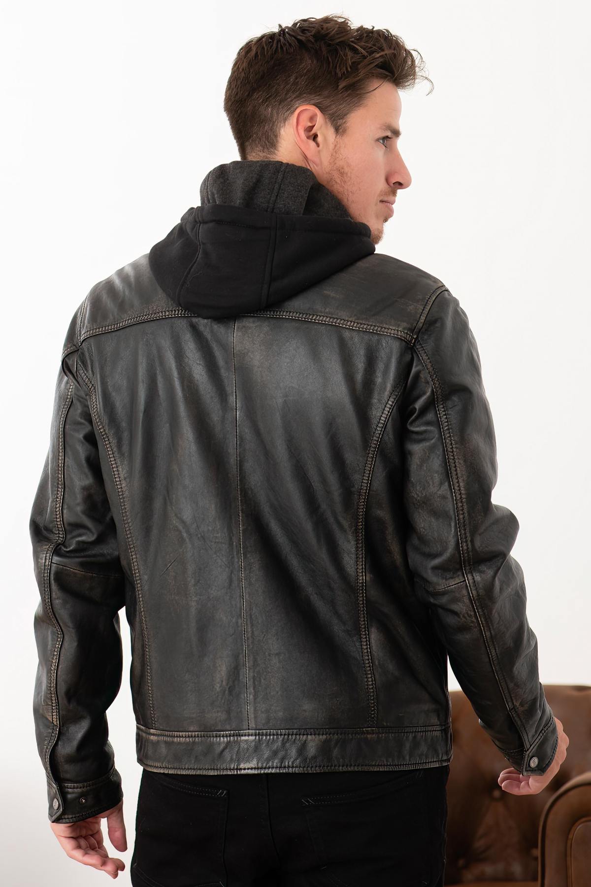 Black sheepskin jacket with a rub-off finish and removable hood. - Image n°5