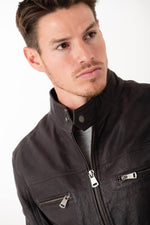 Brown leather biker-collar jacket - Image n°6