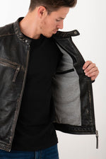 Aged-black sheep leather jacket. Slim fit, zipped pockets and cuffs. - Image n°6