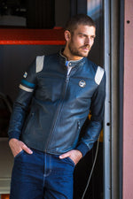 Navy sheepskin jacket honouring Ari Vatanen's motorsport heritage. - Image n°1