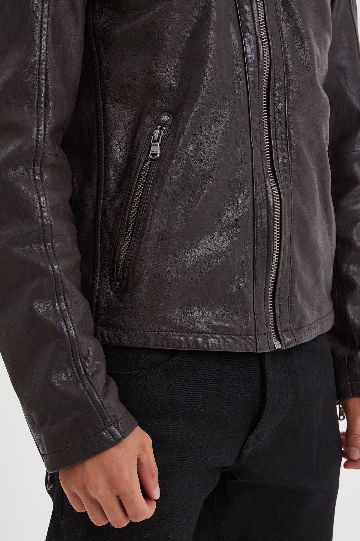 Supple lambskin, dark brown, vegetable-tanned. Zip-front biker jacket. - Image n°6