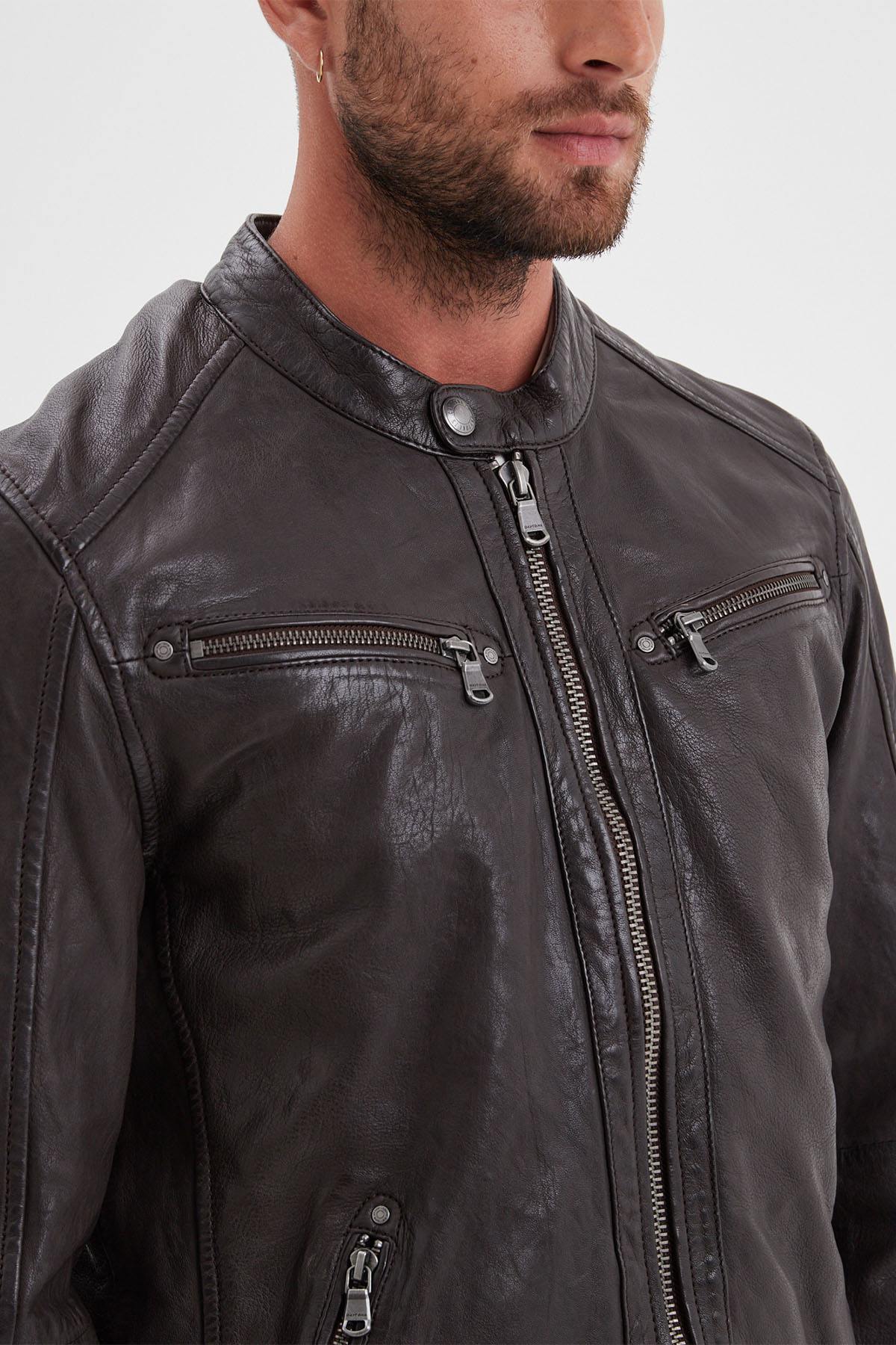 Supple lambskin, dark brown, vegetable-tanned. Zip-front biker jacket. - Image n°3