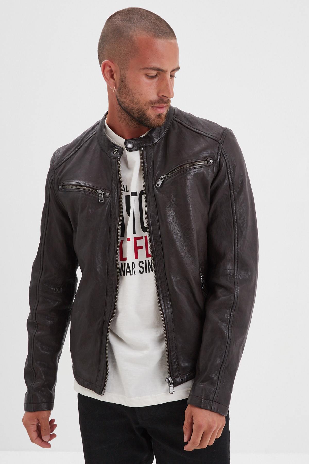 Supple lambskin, dark brown, vegetable-tanned. Zip-front biker jacket. - Image n°4