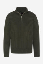 Dark khaki ribbed knit zip-up sweater - Image n°1