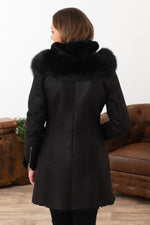 Black chic leather coat with fur hood - Image n°2