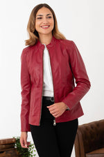 Slim-fit lambskin jacket in deep red, moto collar for modern elegance. - Image n°1