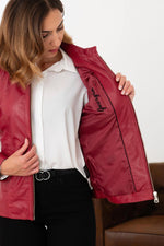 Slim-fit lambskin jacket in deep red, moto collar for modern elegance. - Image n°3