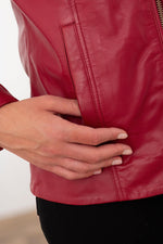 Slim-fit lambskin jacket in deep red, moto collar for modern elegance. - Image n°6