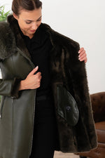 Khaki leather coats with fur hood - Image n°5