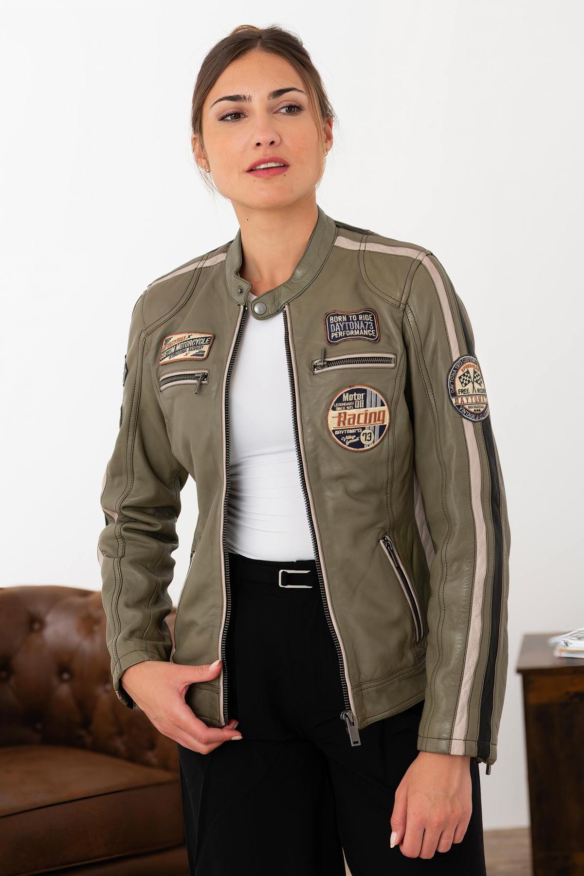Slim khaki lambskin jacket, biker-inspired. Soft, light, all-season wear. - Image n°1